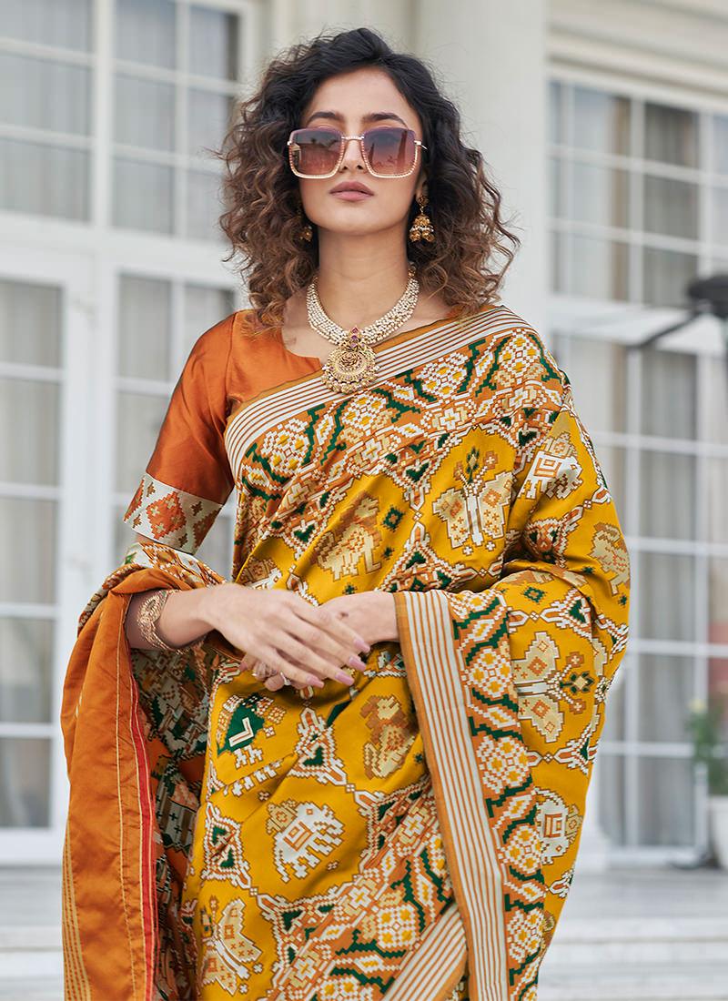 Mustard Color Weaving Patola Silk Saree Free Shipping Perfect