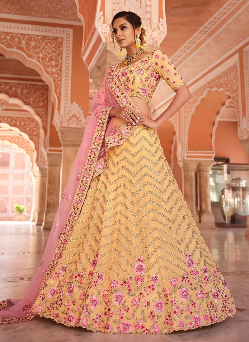 Yellow Color Georgette Fabric Resham And Stone Work Lehenga Cheap Sale With Mastercard