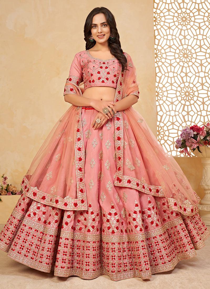 Embroidered Flared Pink Chaniya Choli For Nice Online