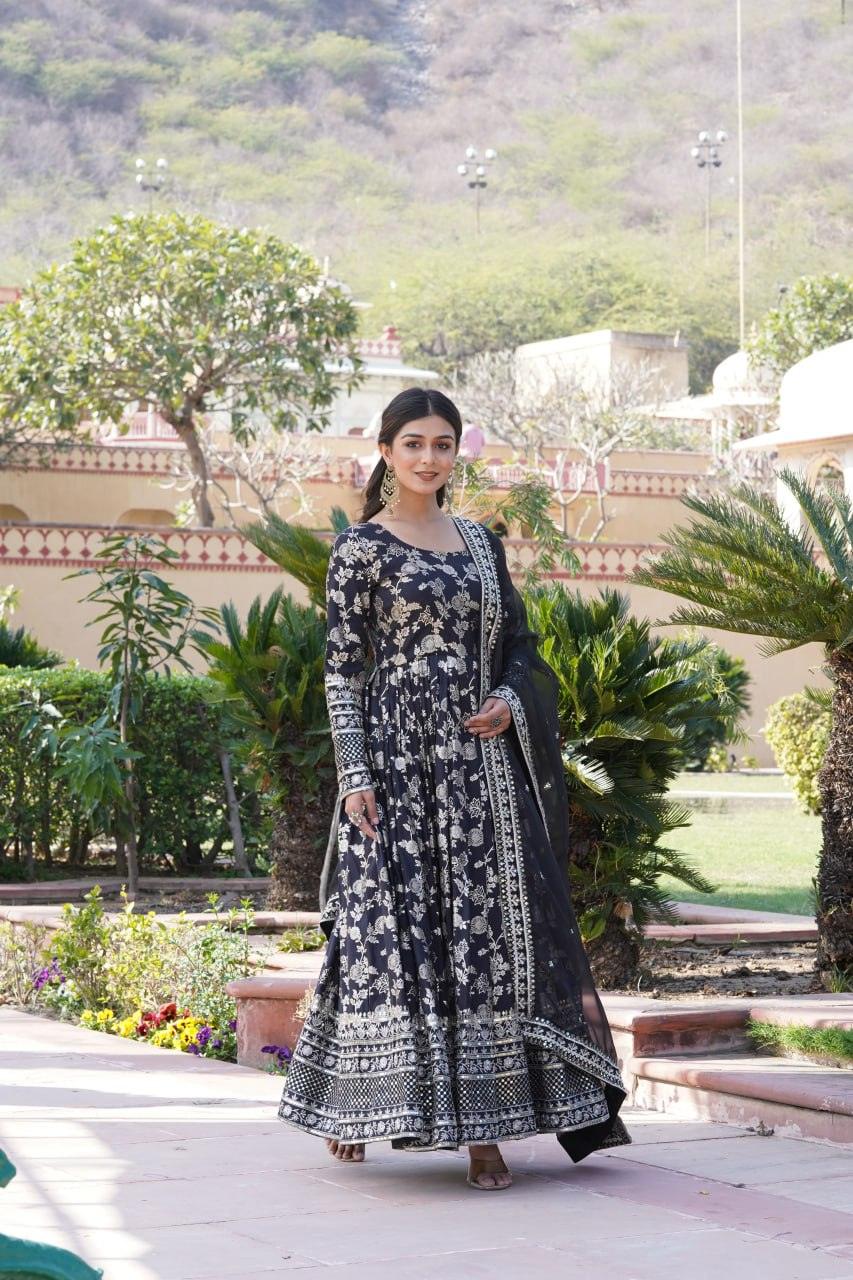 Stunning Viscous Jacquard Sequins Embroidered Worked Gown With Dupatta Clearance Store Sale Online