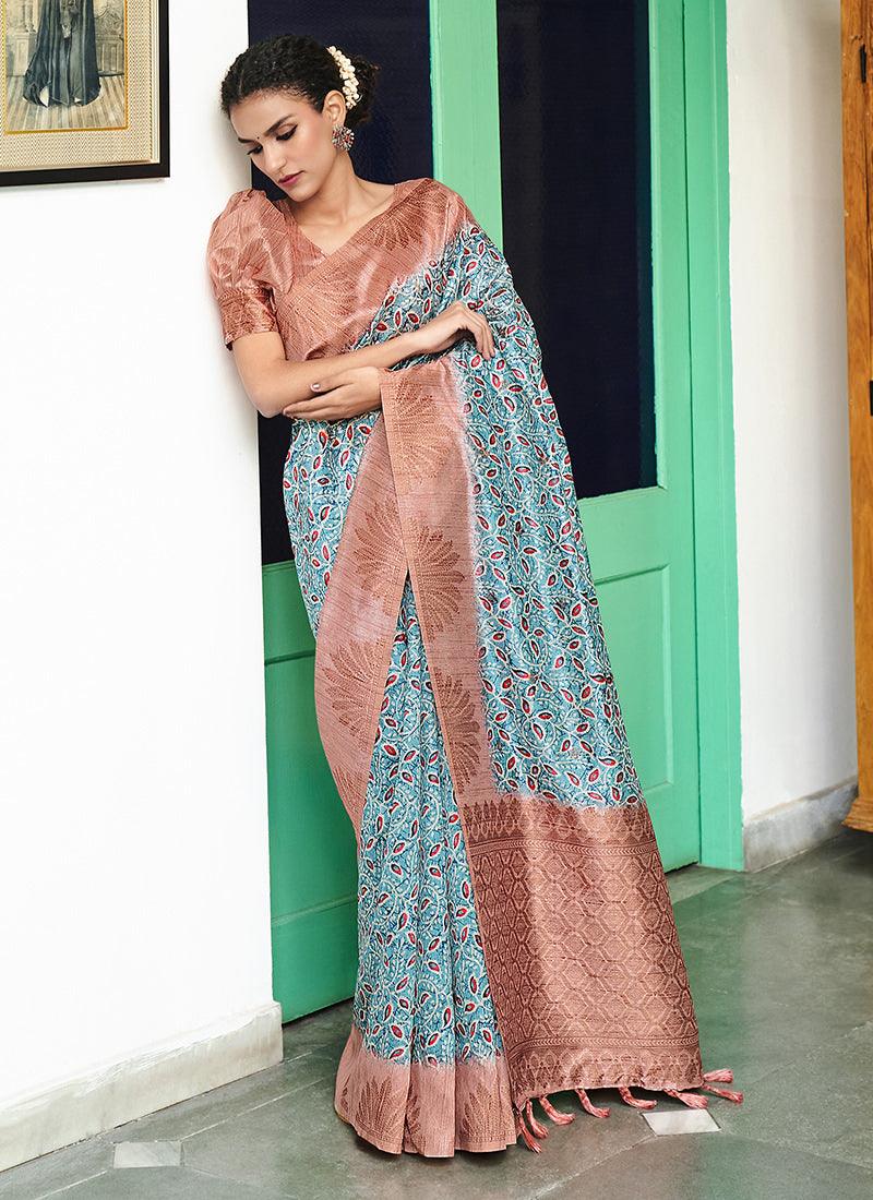 Silk With Digital Print Sky Blue Casual Saree Cheap Sale Newest