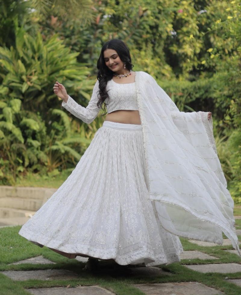 Fascinating White Thread Sequins EmbroideredLehenga Choli Set Sale For Nice