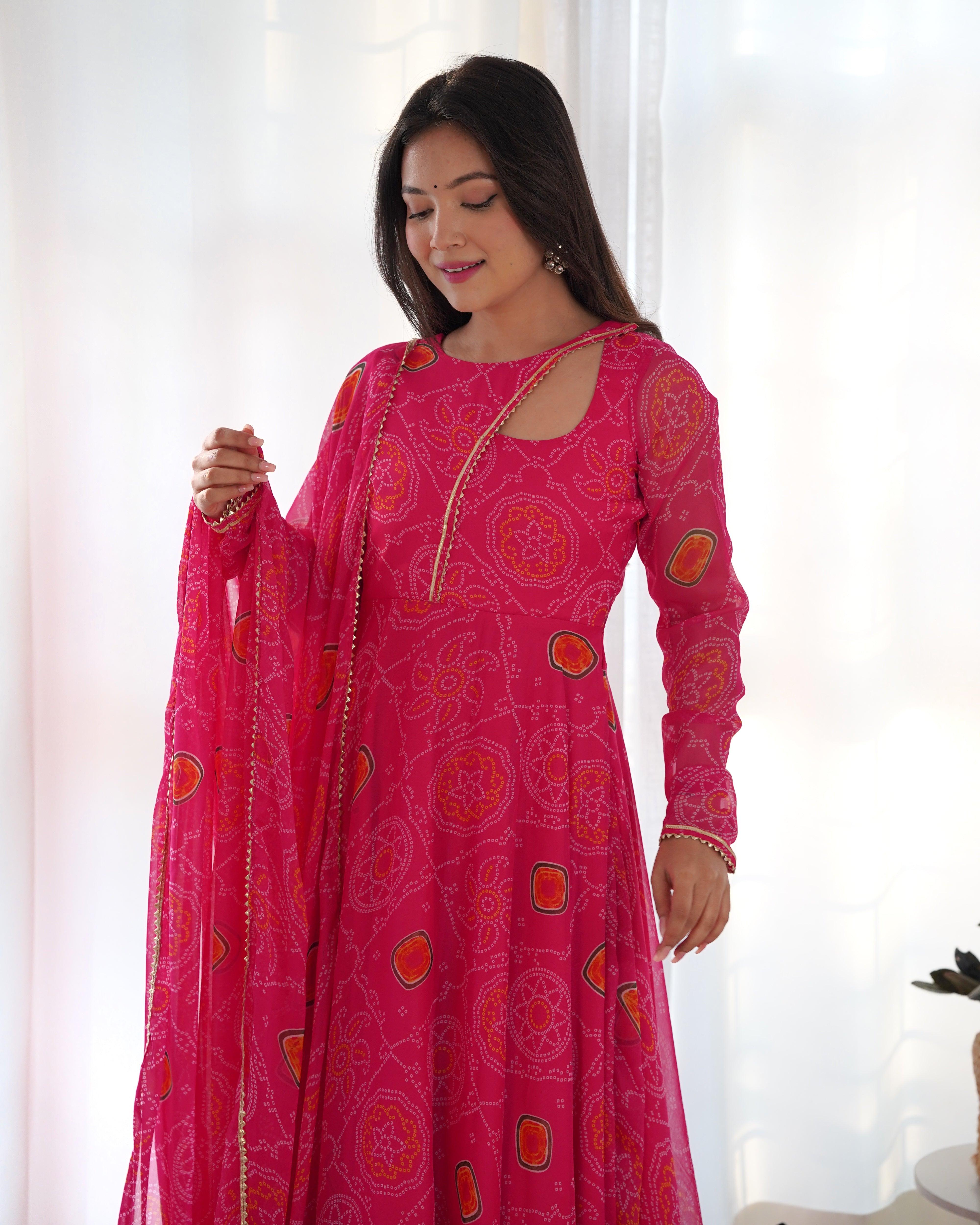 Pink Pure Chiffon Bandhej Printed Gown With Dupatta Buy Cheap Largest Supplier