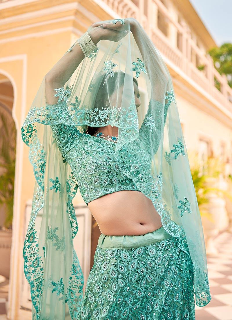 Sequins Embroidered Sea Green Soft Net Lehenga Fake Cheap Online