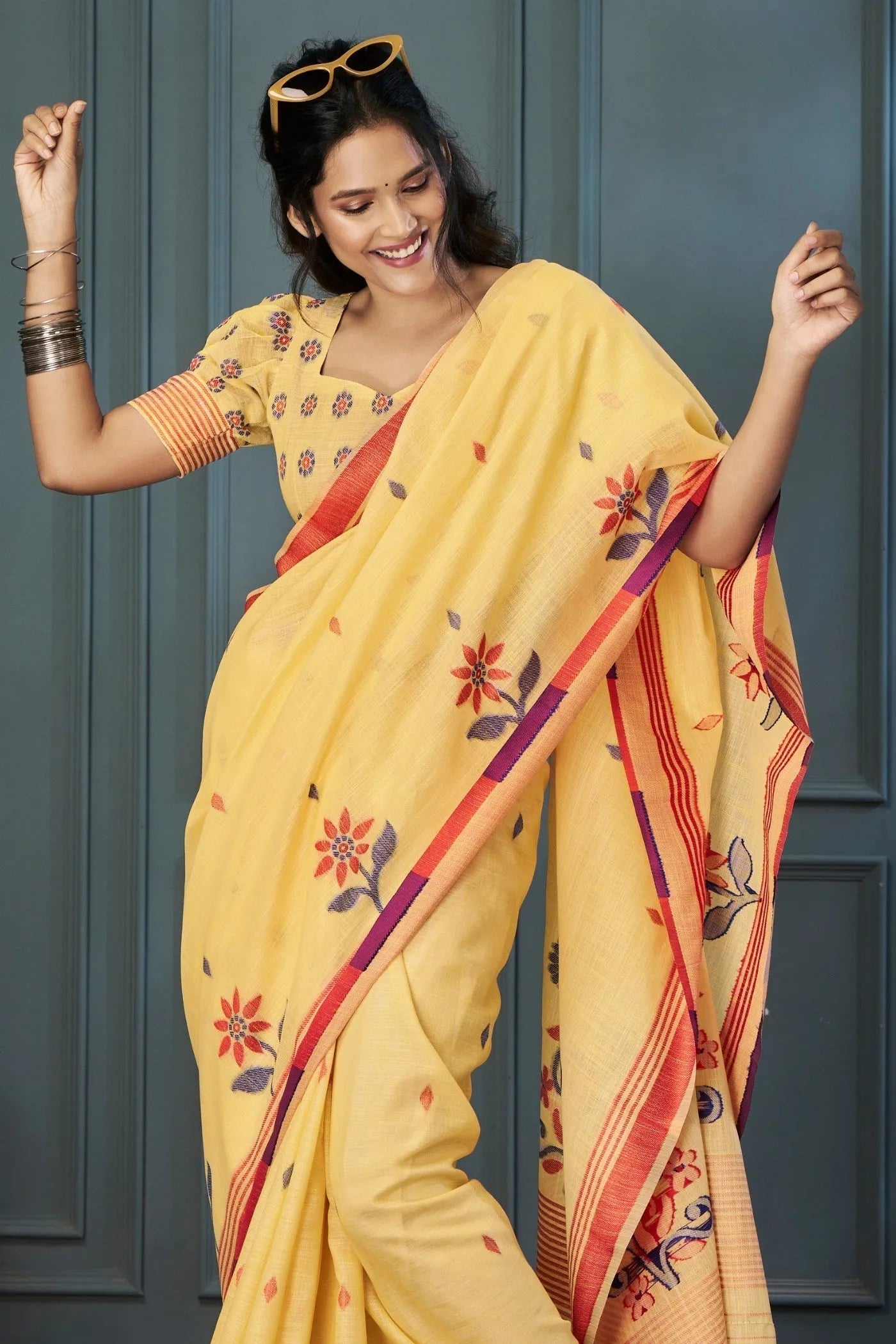 Sunset Pearl Yellow Handloom Linen Saree Outlet Hot Sale