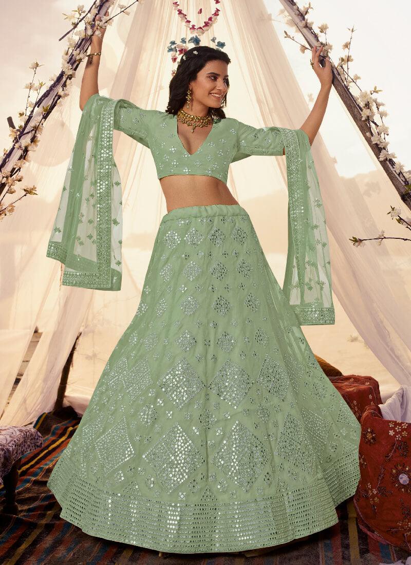 Sage Green Foil Mirror Resham Lehenga Choli Set Cheap Low Shipping Fee