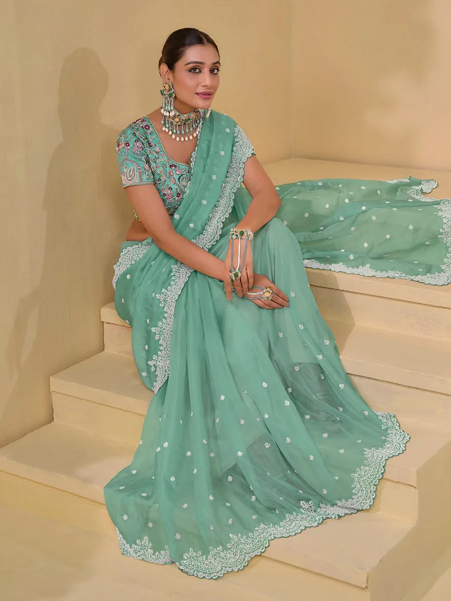 Splendid Sea Green Banarasi Silk Embroidered Saree Best Pices