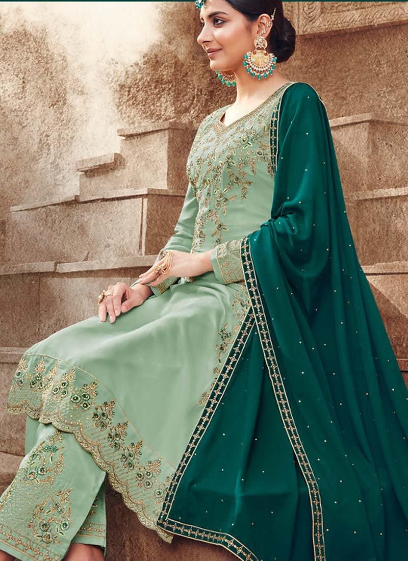 Light Green Color Georgette Base Resham Work Pant Style Salwar Kameez Outlet With Paypal Order