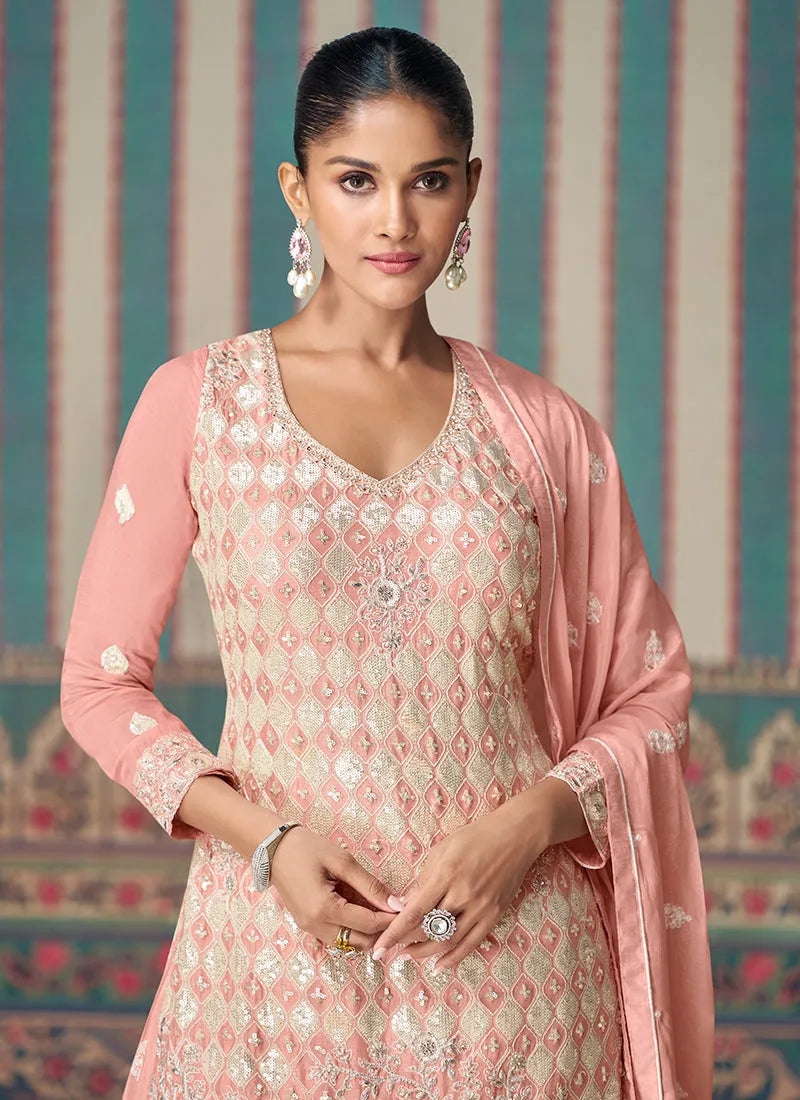 Blazing Blush Pink Embroidered Chinon Sharara Suit Clearance Store Sale Online