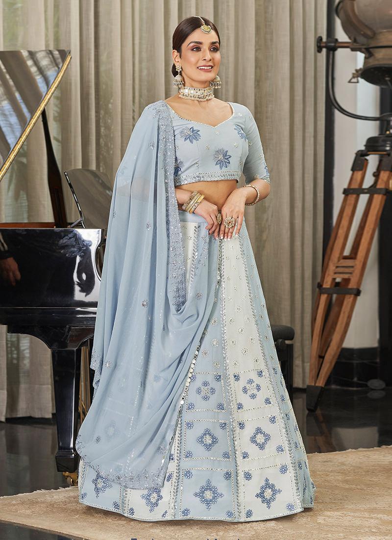 Sequins With Thread Embroidery Sky Blue Lehenga Popular