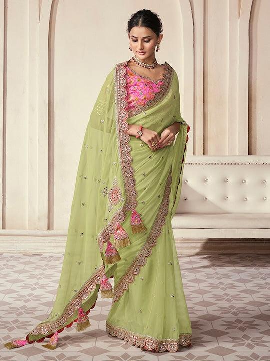 Lime green Organza Embroidered with pink Blouse Buy Cheap Visit New