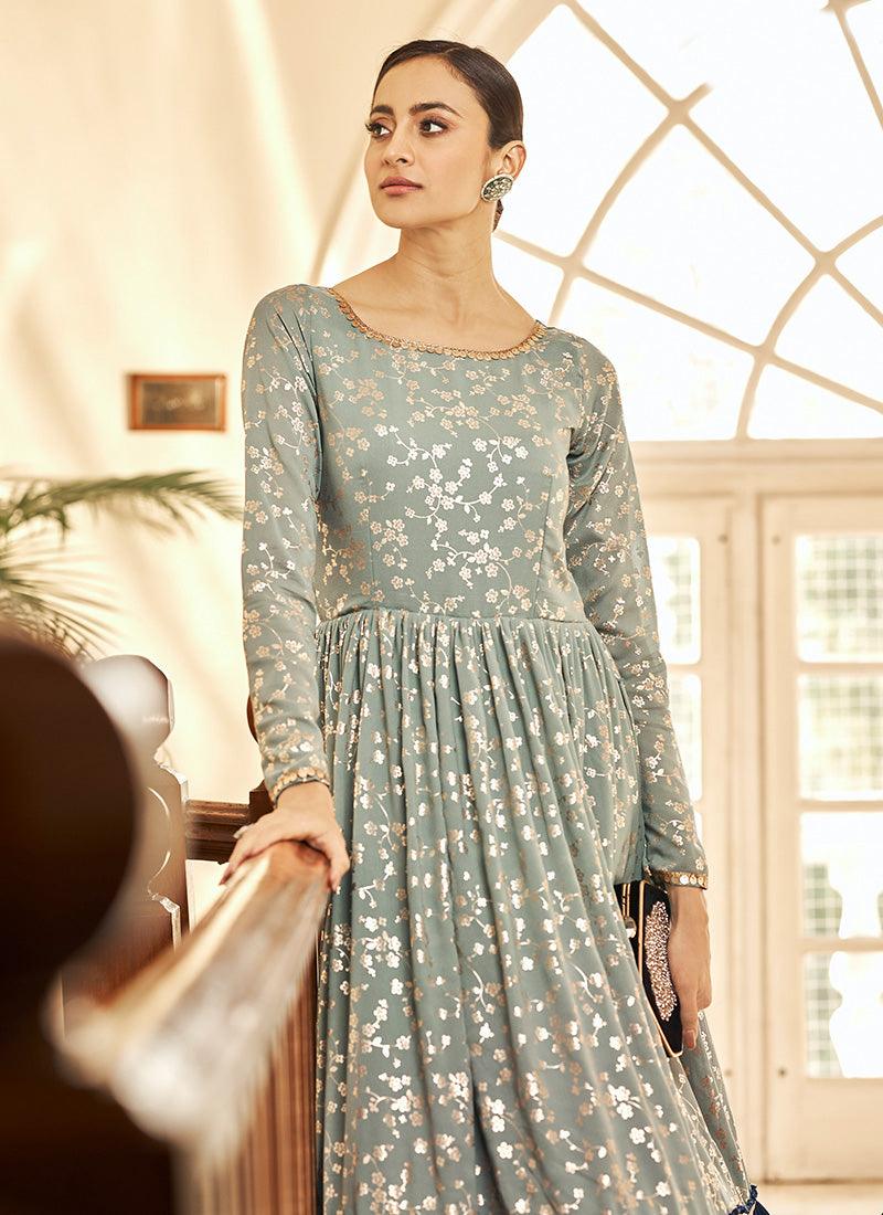 Grey Color Georgette Material Gown With Metallic Foil Work Sale Exclusive