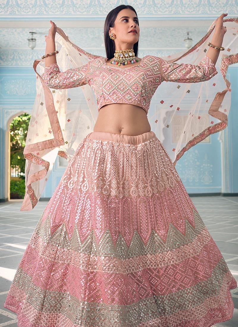 Peach Color Organza Fabric Mirror Work Lehenga Choli Where To Buy