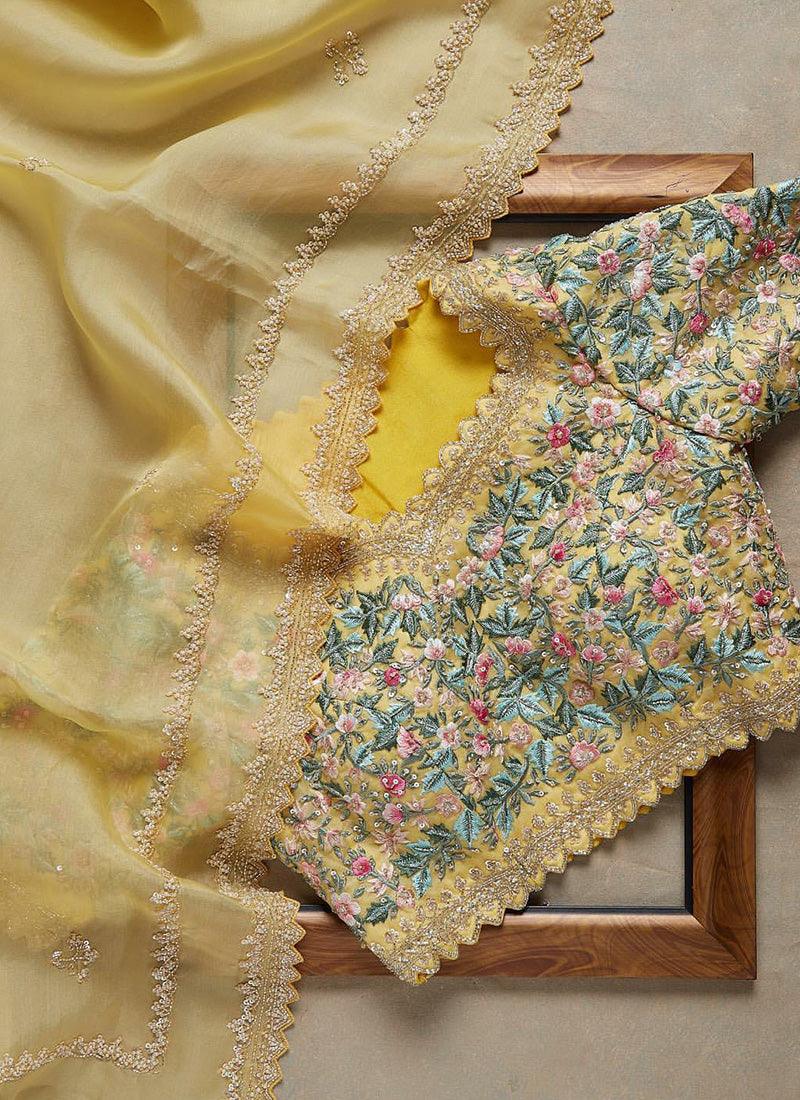 Heavy Embroidered Blouse Yellow Organza Saree Cheap Sale View