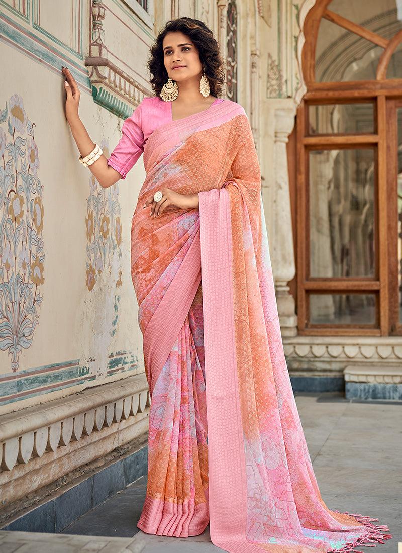 Deep Neckline Half Sleeves Printed Pink Saree Discount For Sale