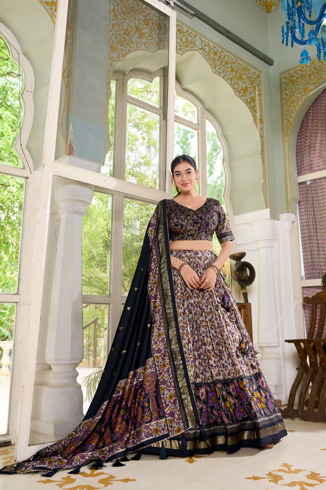 Amazing Tussar Silk Floral Printed Foil Worked Lehenga Choli Set Cheap Sale Shop