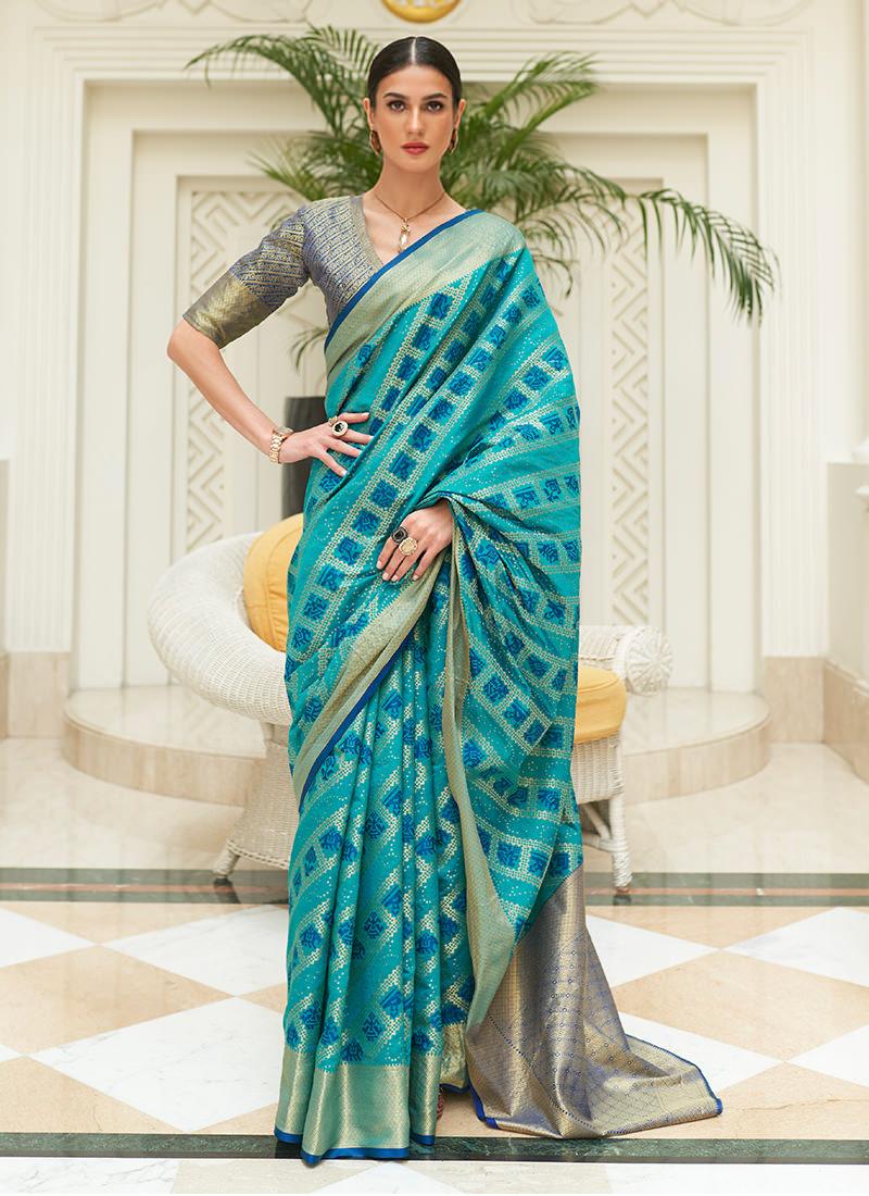 Classic Wear Turquise Patola Silk Saree Outlet