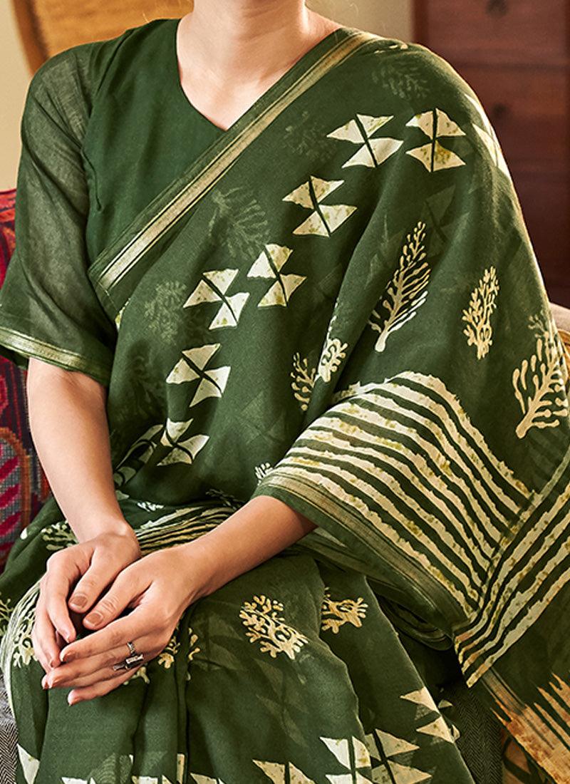 Digital Print Round Neck Green Wedding Saree Release Dates Sale Online