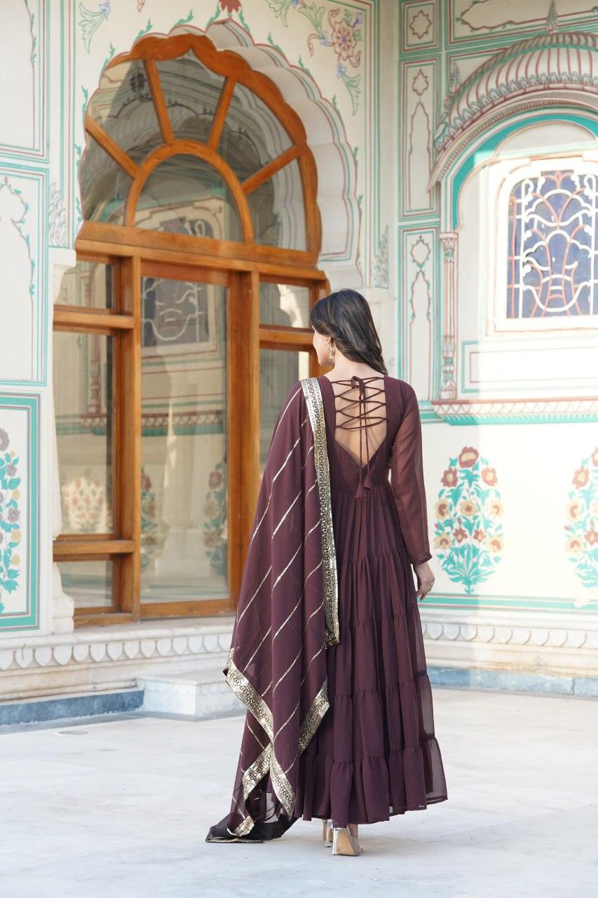 Brown Georgette Embroidered Gown with dupatta Free Shipping Eastbay