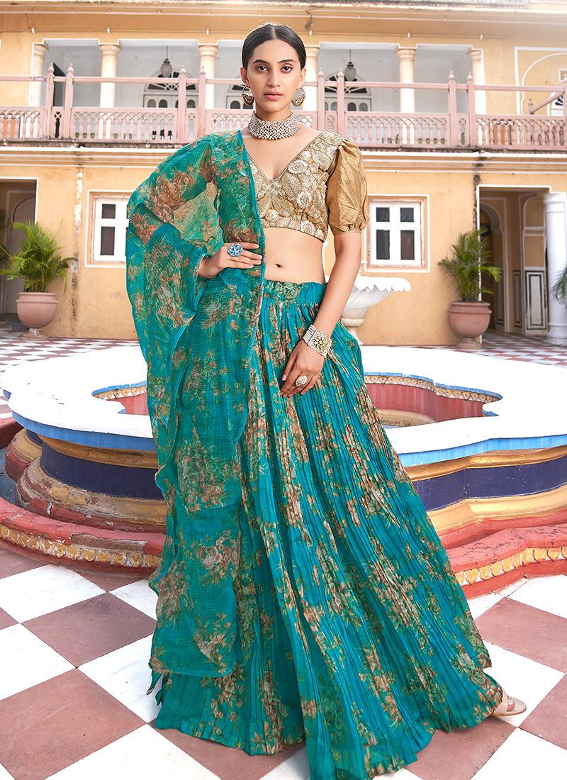 Sky Blue Crush Floral Organza Lehenga Sale Fake