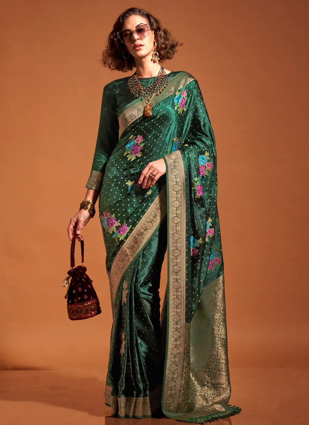 Dark Green Pure Satin Silk Floral Printed Weaving Worked Saree Outlet Genuine