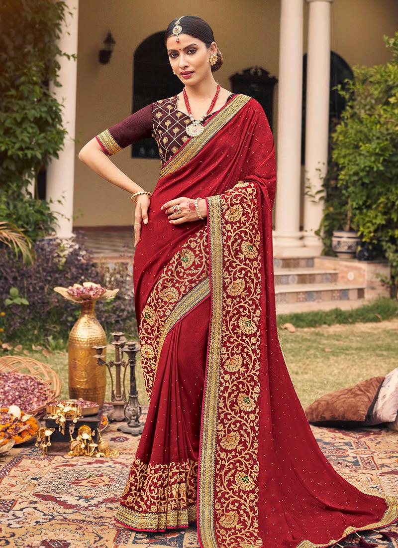 Maroon Embroidered Traditional Saree Fast Delivery Online