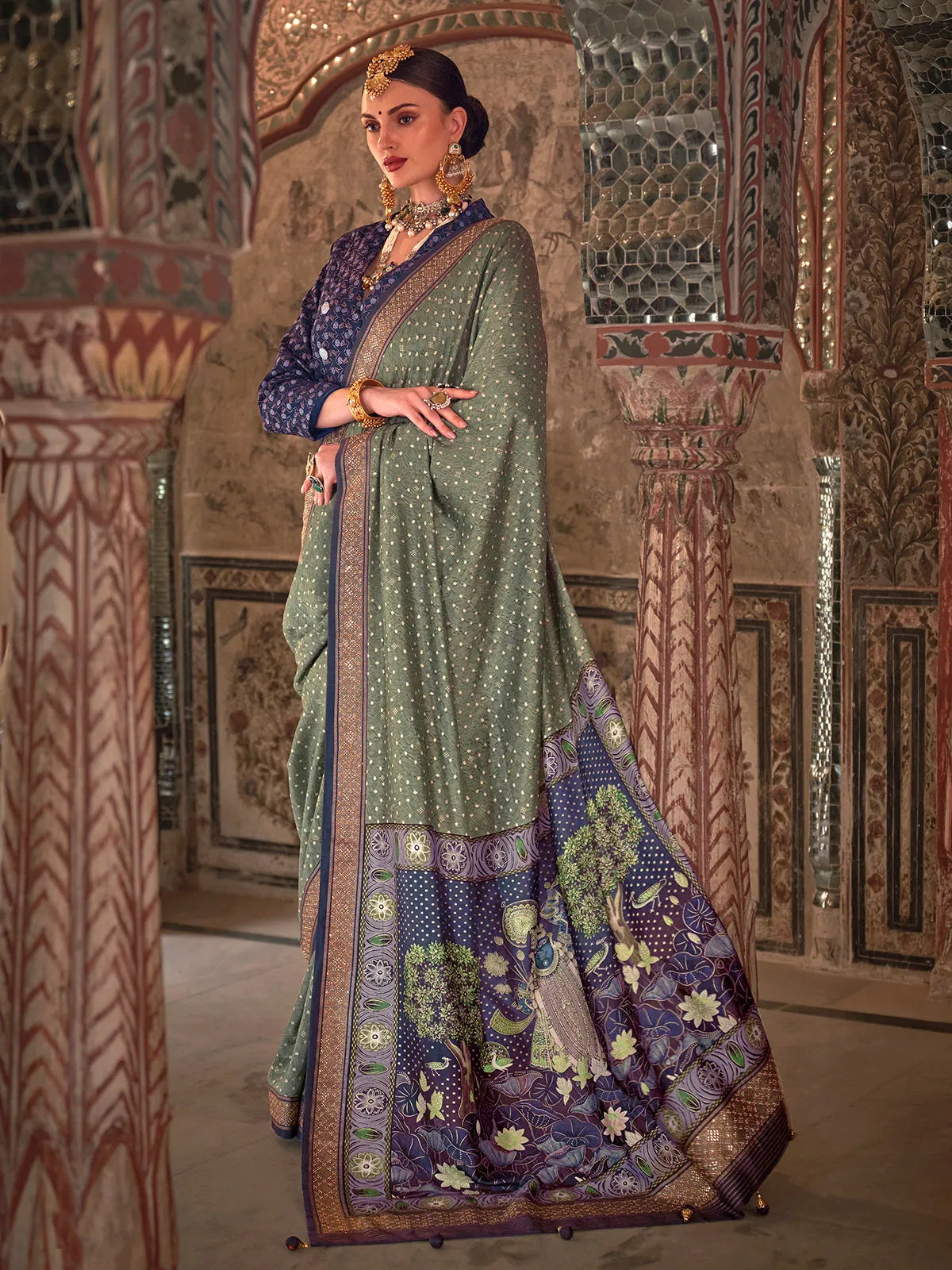 Passionate Pista Green Designer Rajwadi Printed  Silk Saree Clearance 100% Original