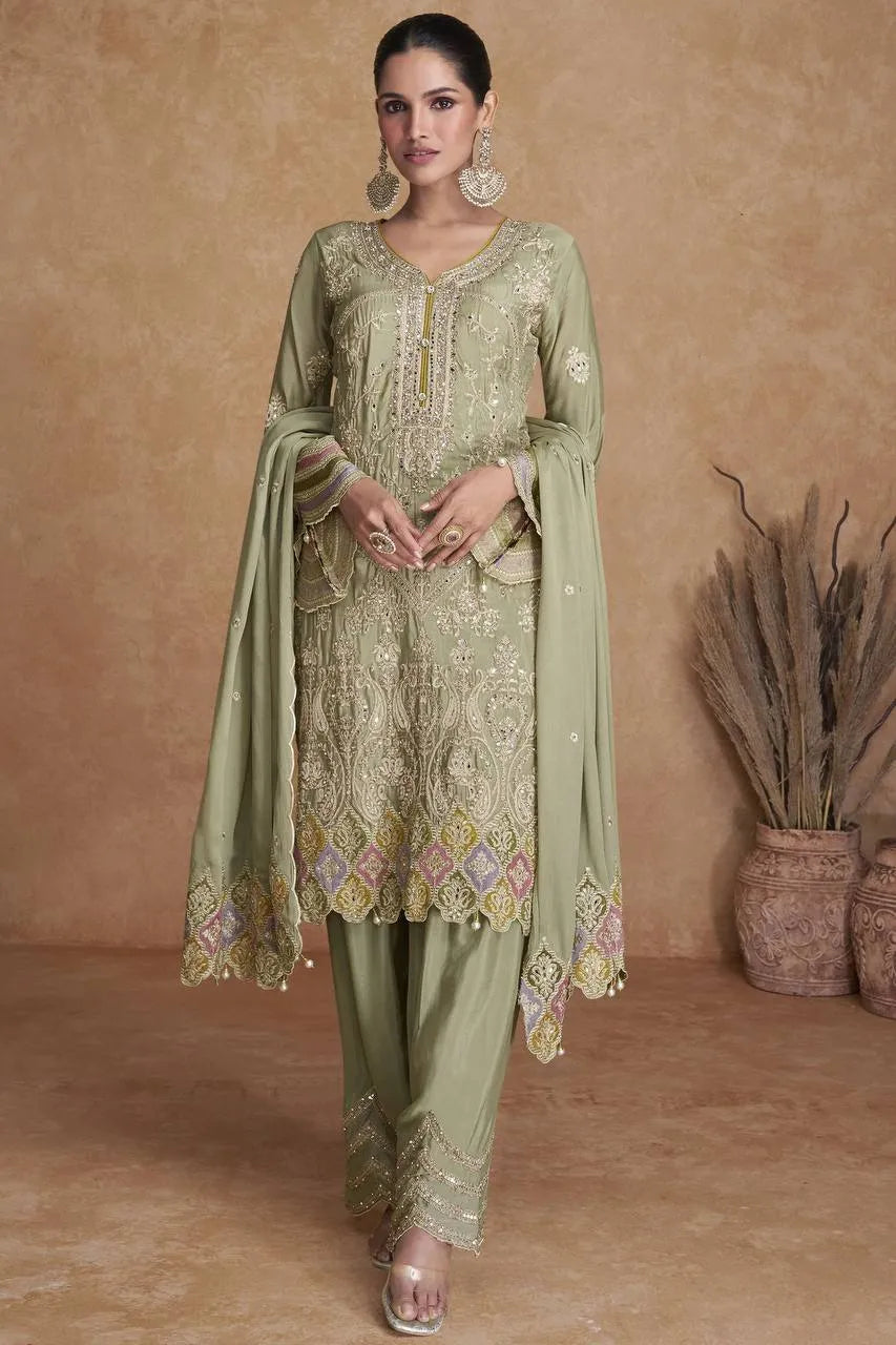 Elegant Olive Green Chinon Embroidered Palazzo Suit Cheap Fashion Style