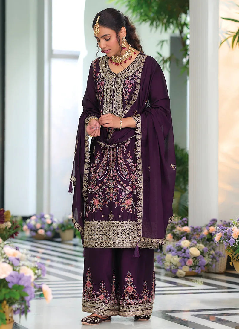 Dazzling Deep Purple Embroidered Traditional Palazzo Suit Fashion Style Online