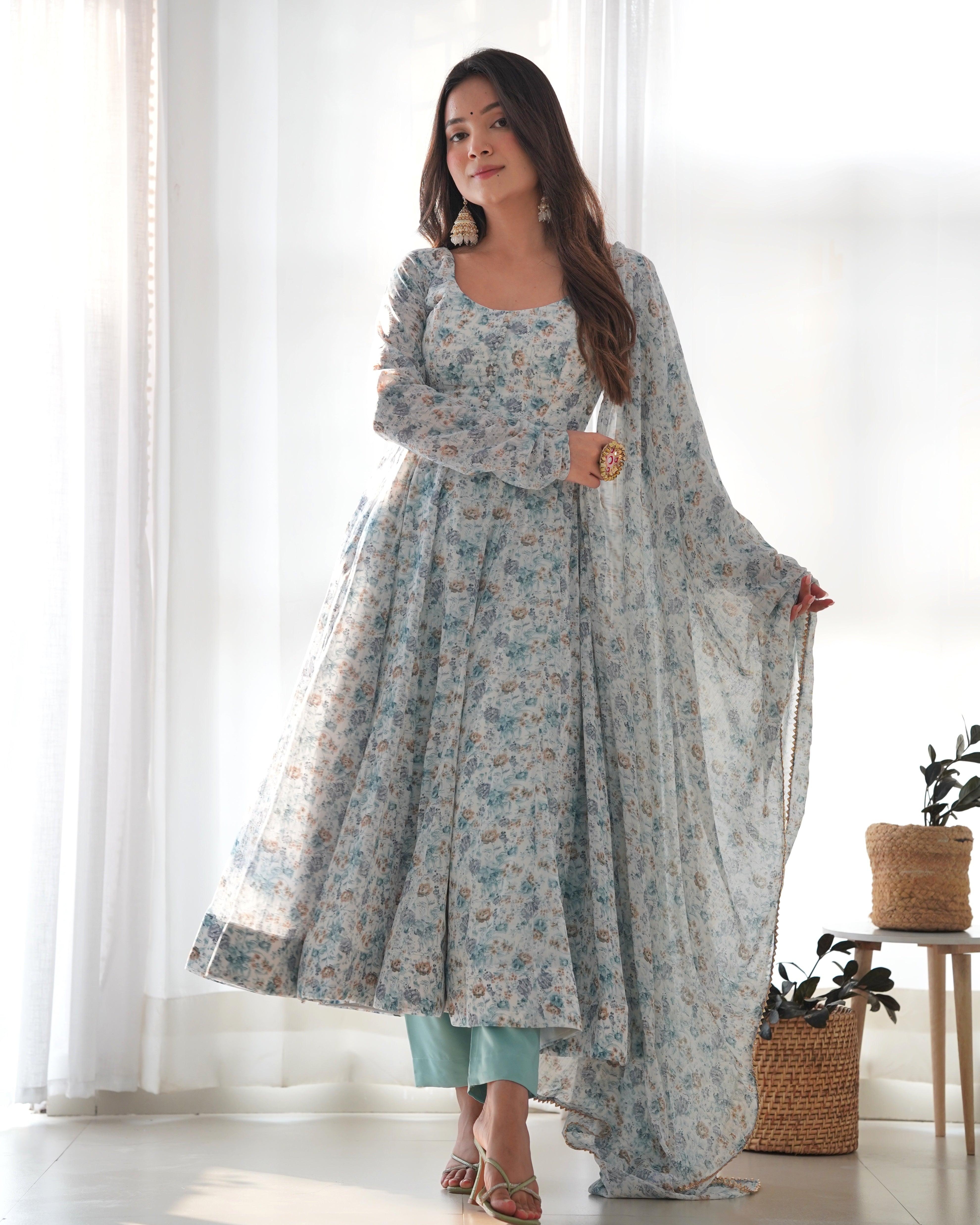 Sky Color Chiffon Floral Anarkali Pant Suit With Dupatta Enjoy Cheap Online