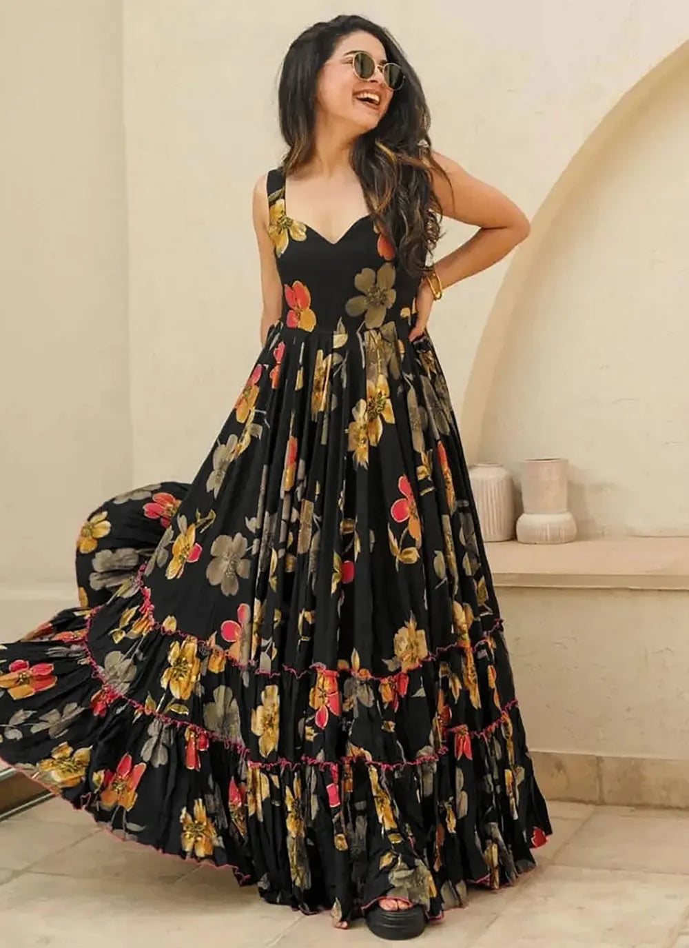 Black Colored Heavy Rayon Digital Printed Fully Flared Gown Lowest Pice Cheap Pice