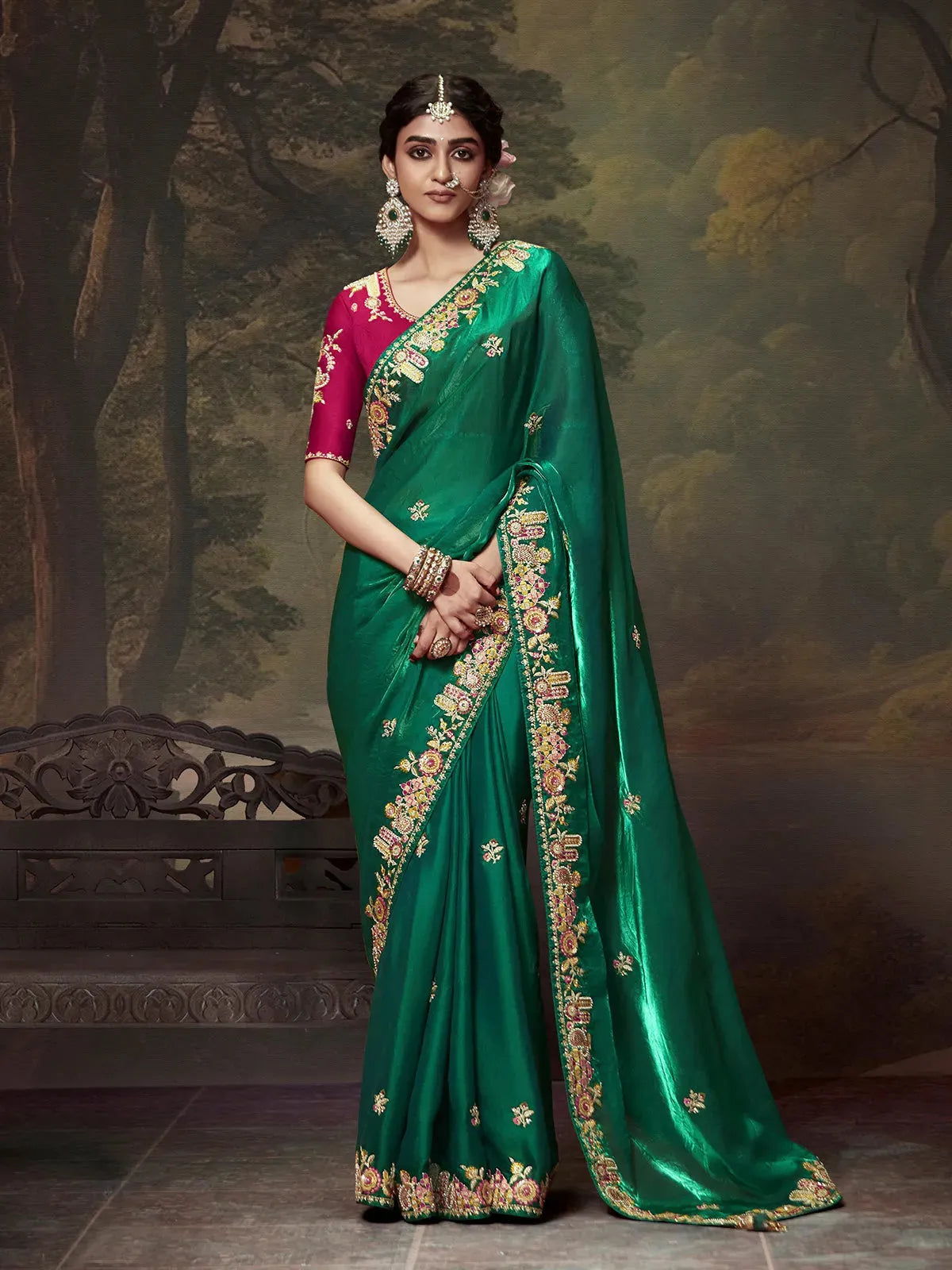 Elegant Dark Green Embroidered Fancy Saree Discount Supply