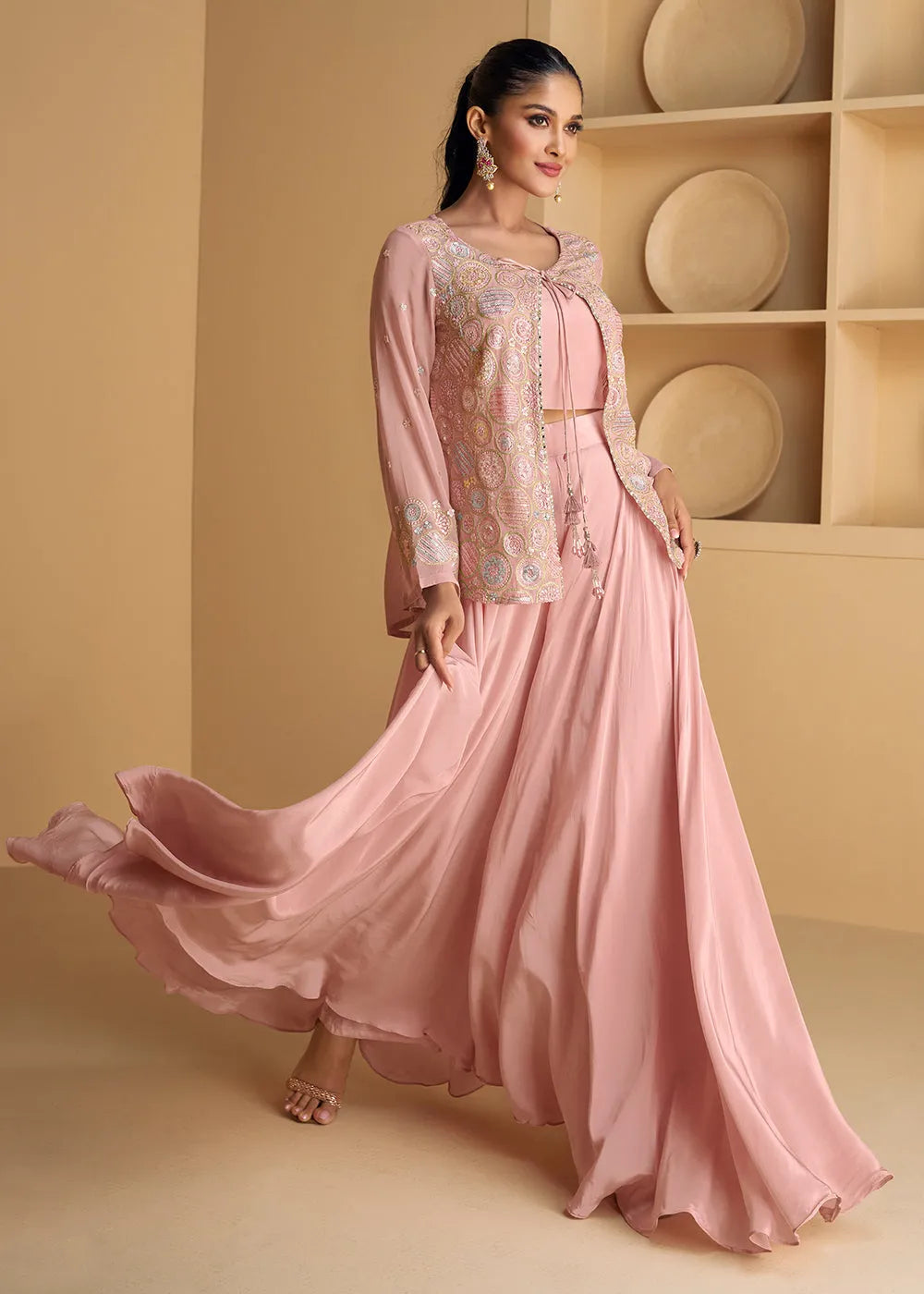 Sweet Pink Georgette Top Palazzo Suit With Embroidered Jacket Cheap Sale Exclusive