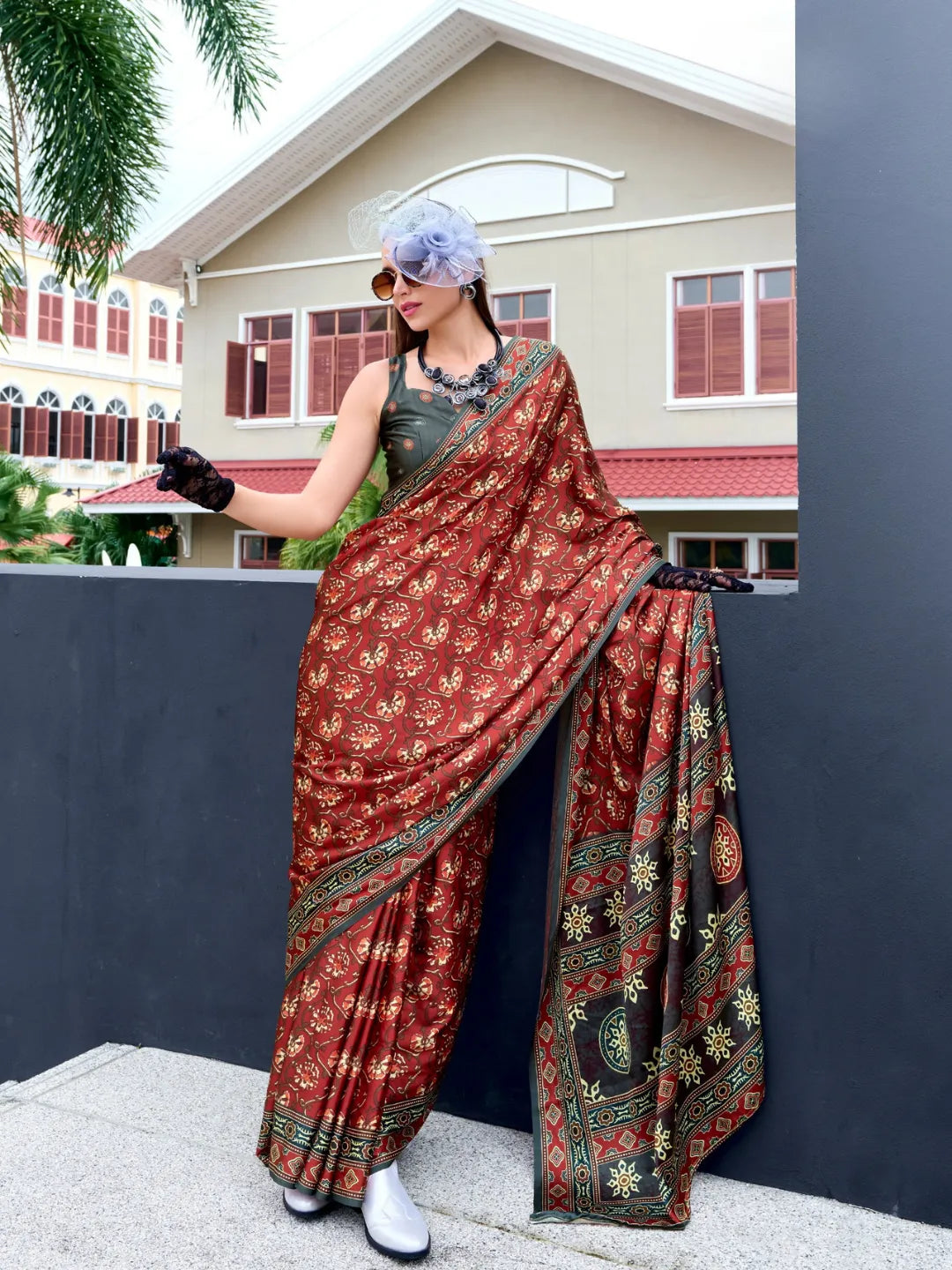 Glowing Wine Red Satin Silk Printed Traditional Saree Outlet Pices