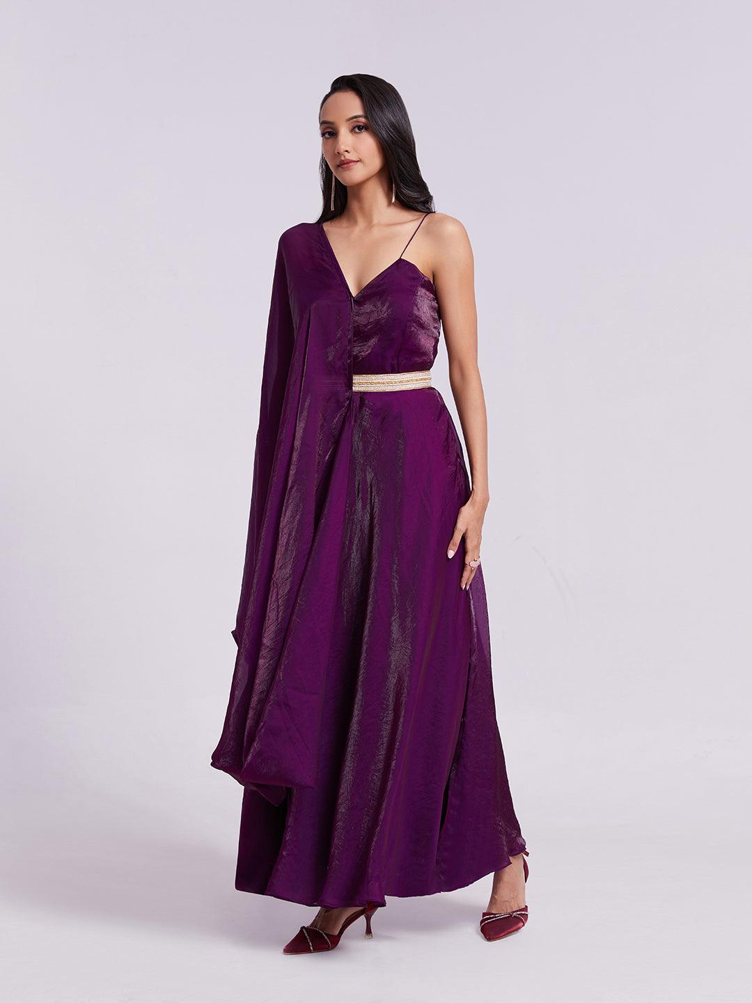 Purple organza readymade gown with attach dupatta and belt Discount Huge Surprise