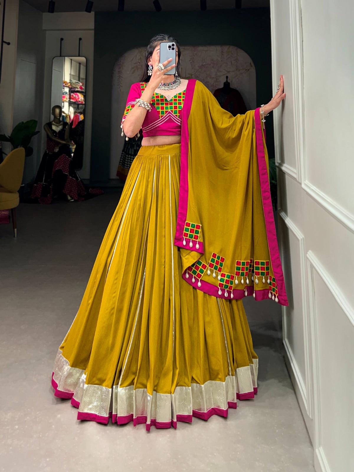 Mustard Pure Rayon Gota Patti Border Worked Navratri Lehenga Set Clearance Cheap Real