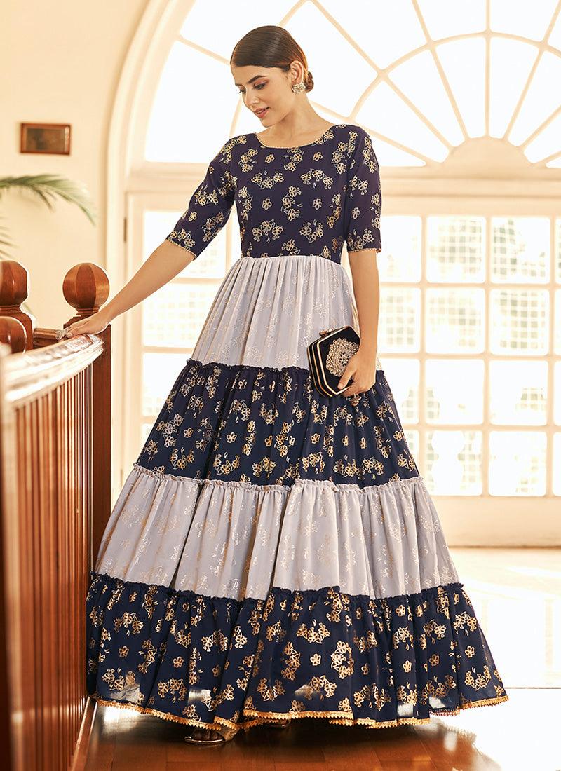 Navy Blue Color Georgette Base Gown With Metallic Foil Work Buy Cheap Comfortable