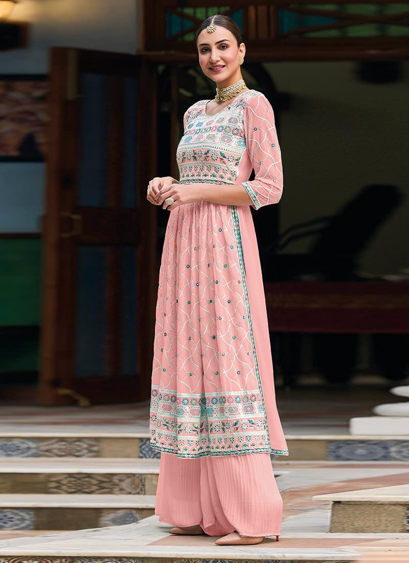 Embroidered Pink Suit With Crushed Palazzo Free Shipping Best Seller