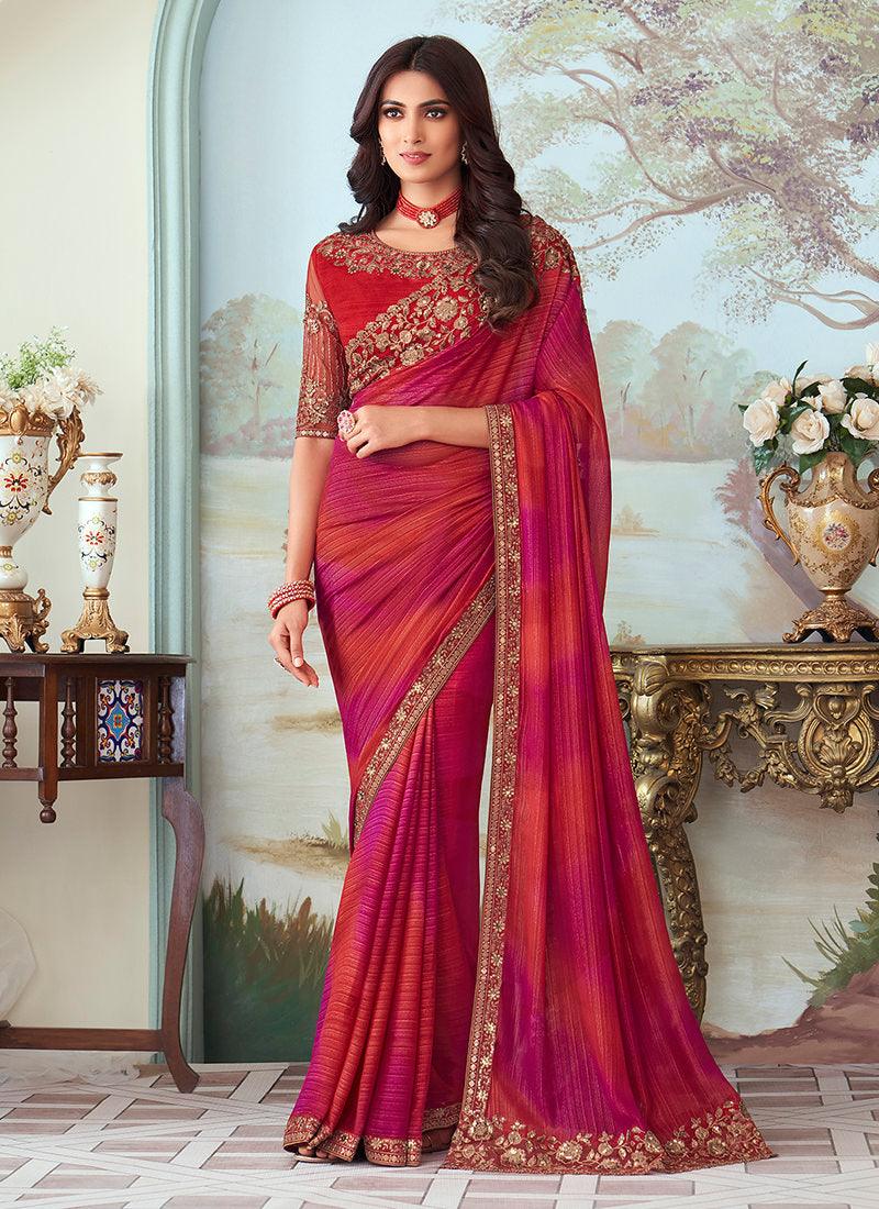 Red With Pink Shade Embroidered Saree Online Cheap Online