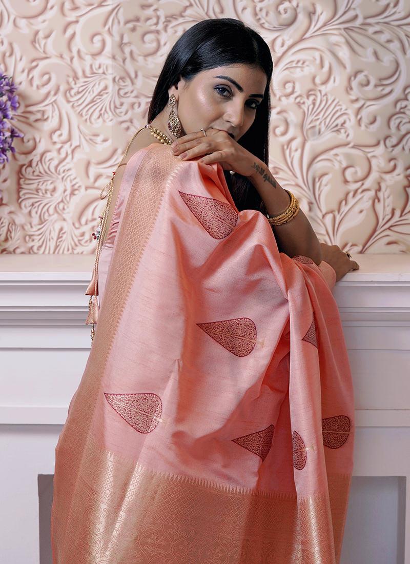 Pink Color Leaves Print Silk Saree 2025 Unisex Cheap Pice