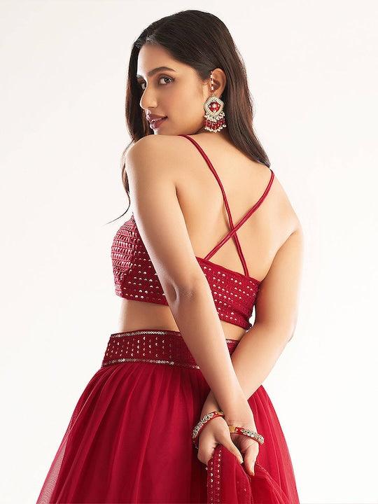 Red Georgette Embroidered Blouse with Plain Ruffle lehenga Sale Purchase