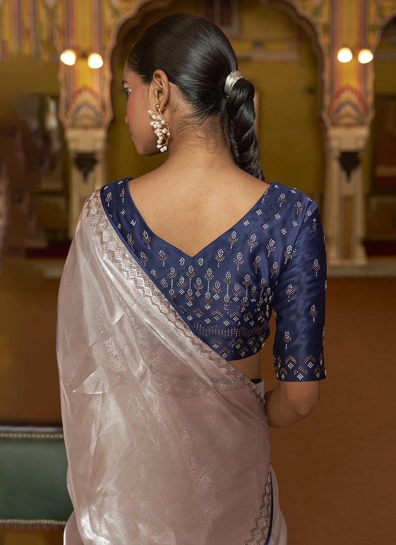 Organza Saree With Blue Blouse Enjoy Online