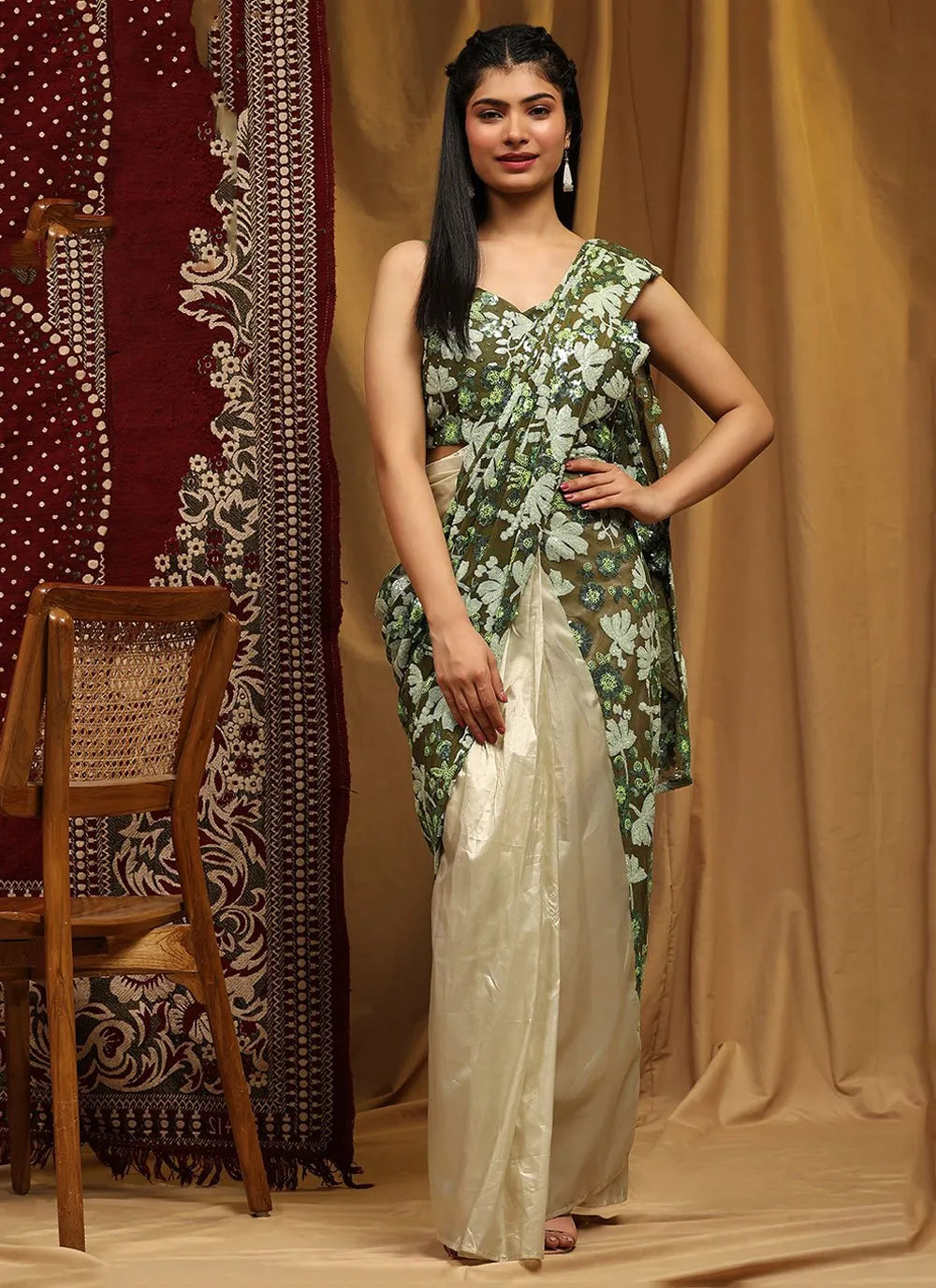 Thistle Green Floral Printed Partywear Ready To Wear Saree Buy Cheap Order