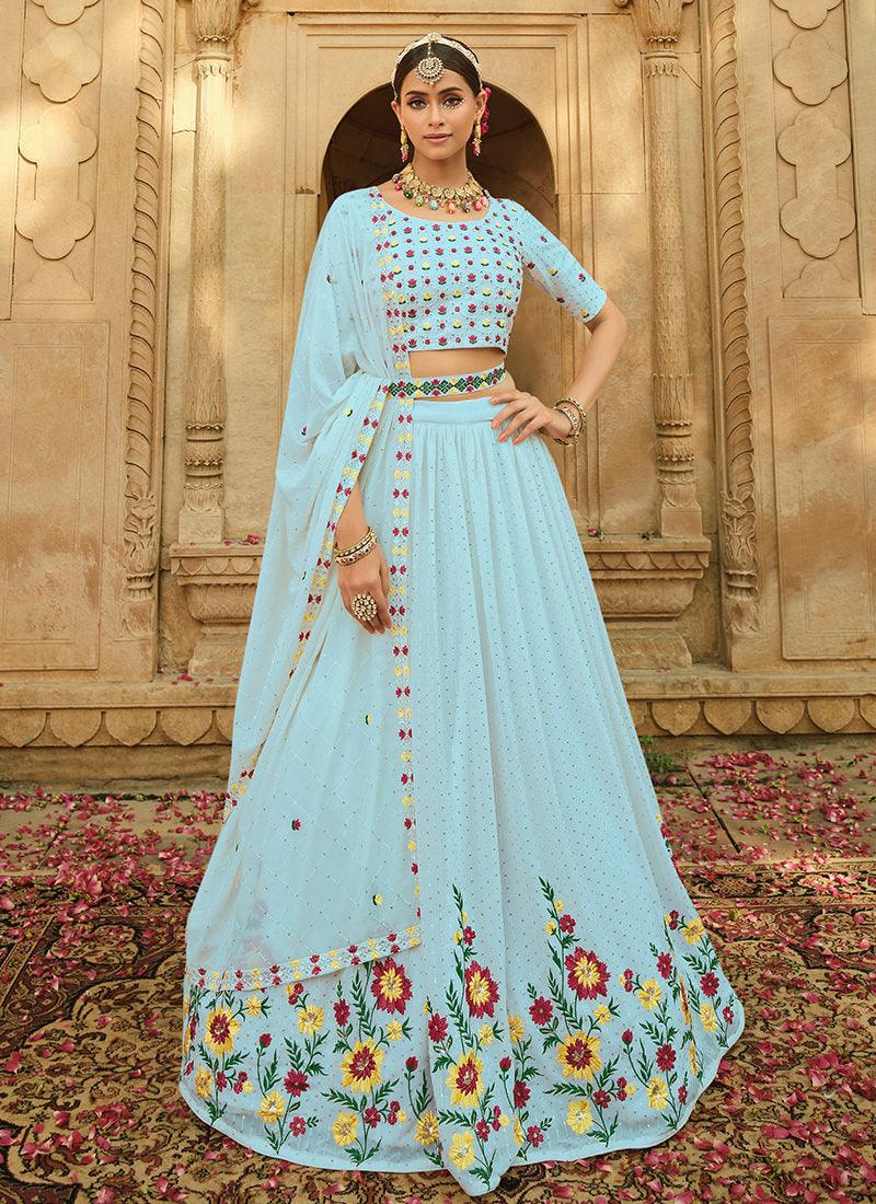 Sky Blue Floral Embroidered Lehenga Outlet Locations Cheap Online