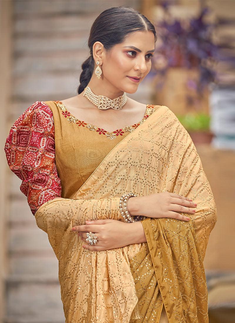 Embroidered Chinon Mustard Saree For Nice For Sale