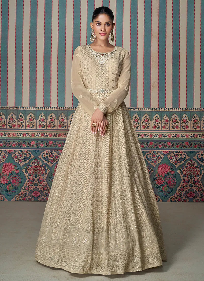 Brilliant Beige Chikankari Embroidered Anarkali Gown Sale Outlet