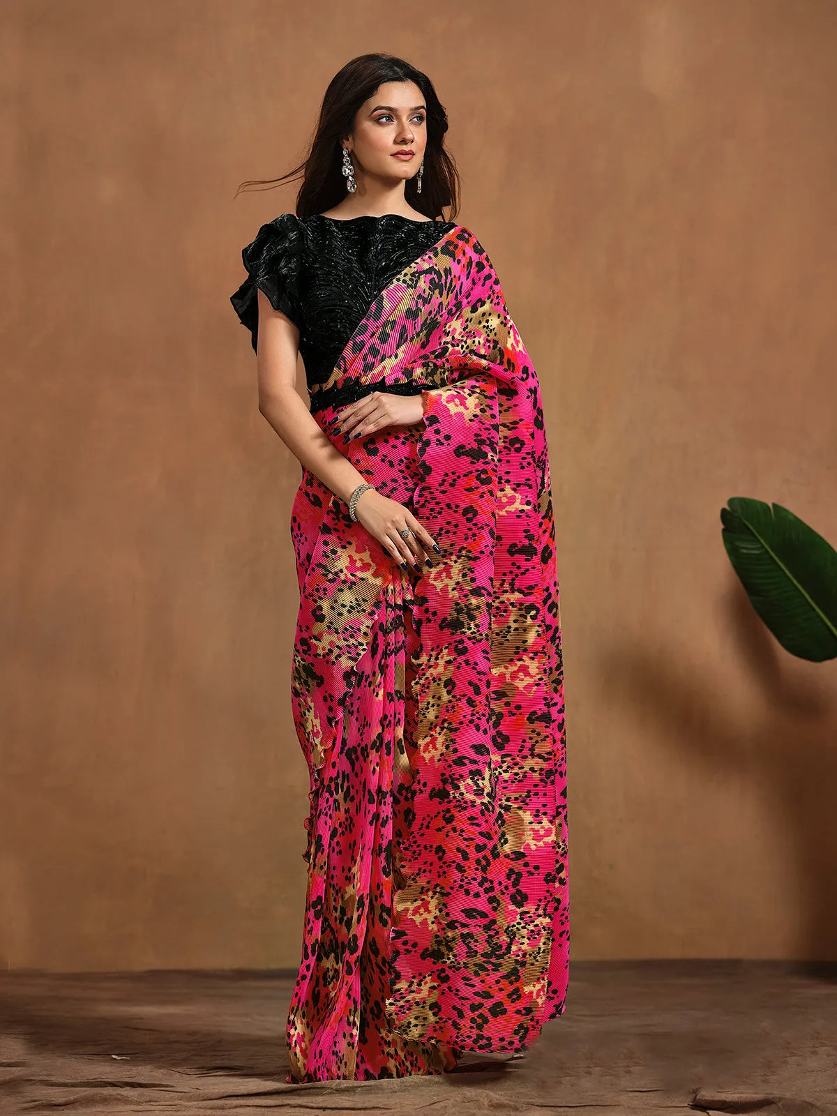 Glowing Pink Satin Silk Printed Ready To Wear Saree Many Kinds Of Online