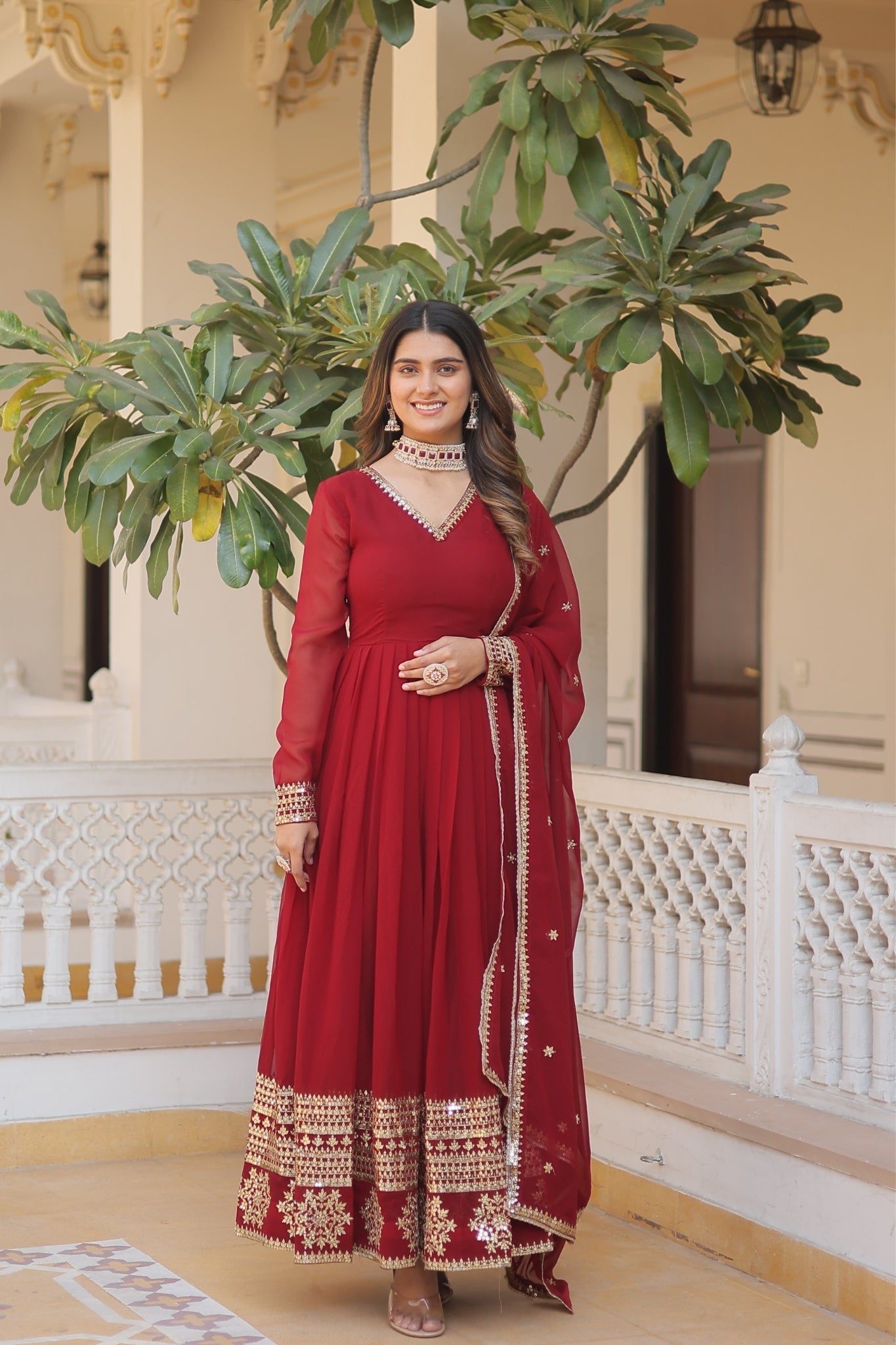 Maroon Georgette Embroidered Gown with dupatta Nicekicks