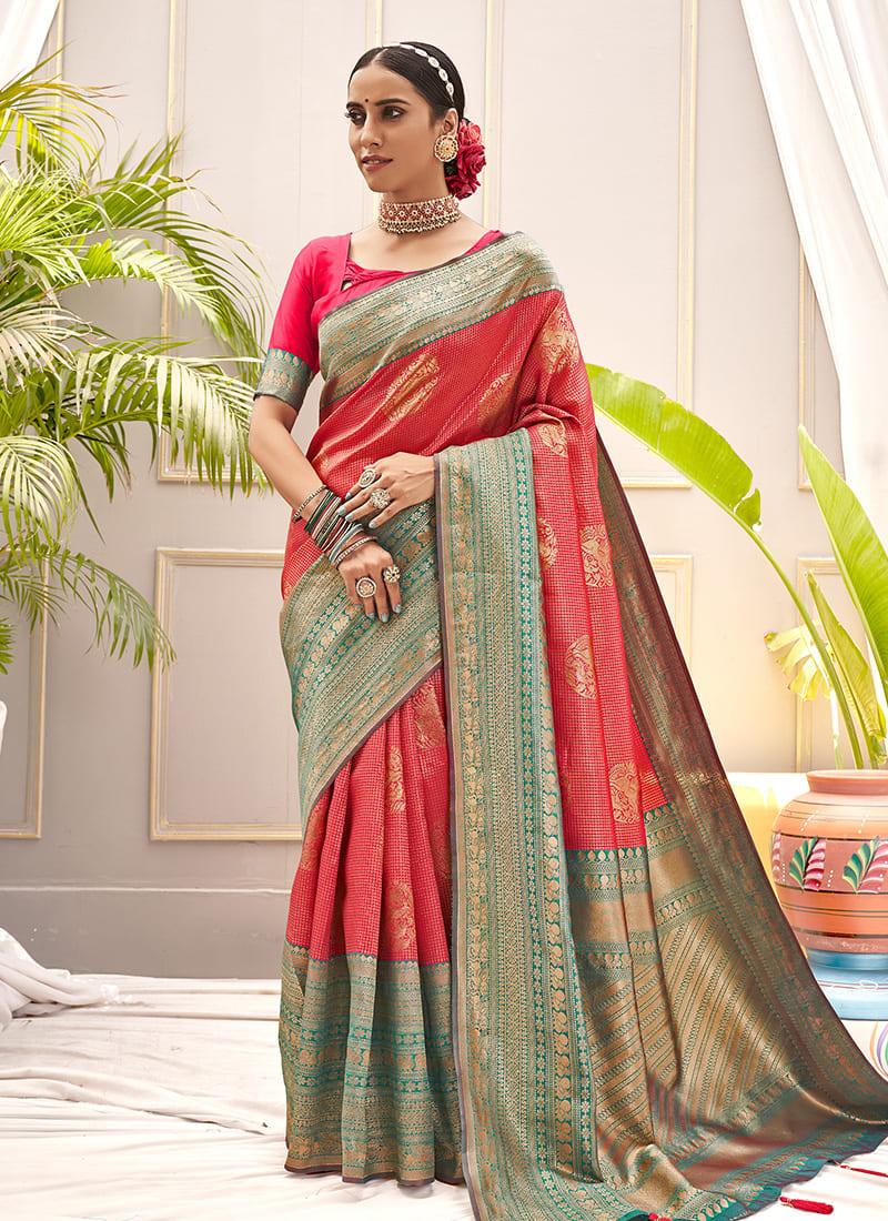 Desirable Red Color Banarasi Silk Saree With Silk Weave Browse Cheap Online