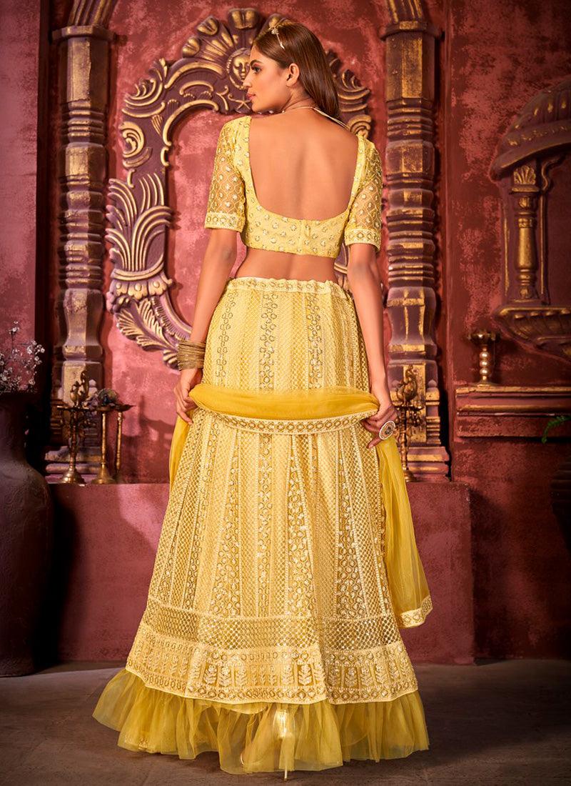 Youthful Net With Designer Work Yellow Color Lehenga Choli Pick A Best Cheap Pice